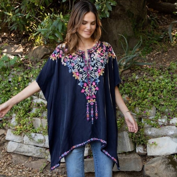 JOHNNY WAS  Poncho Blue Bohemian Flowy Embroidered‎ Top - Picture 5 of 8